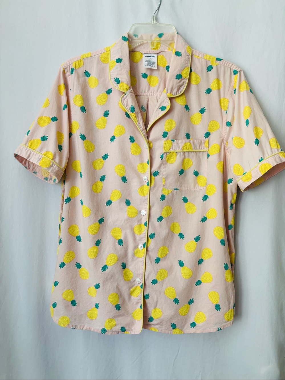 Pineapple Pajama Shirt Camp Top Lands’ End Pink Yellow M